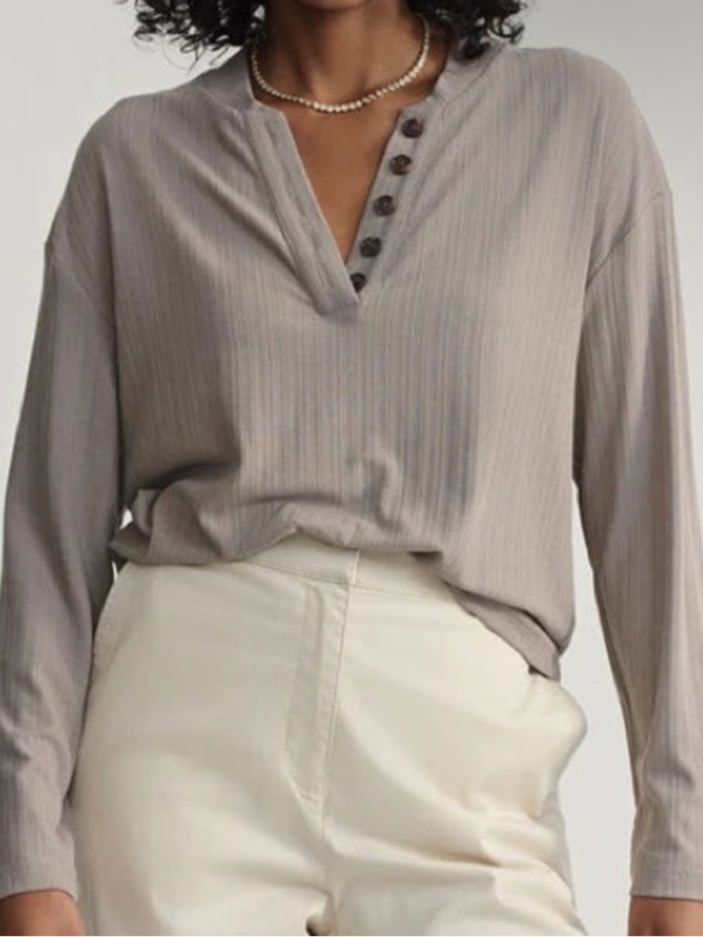 Varley Lottie Long Sleeve placket cinder Henley ribbed Top